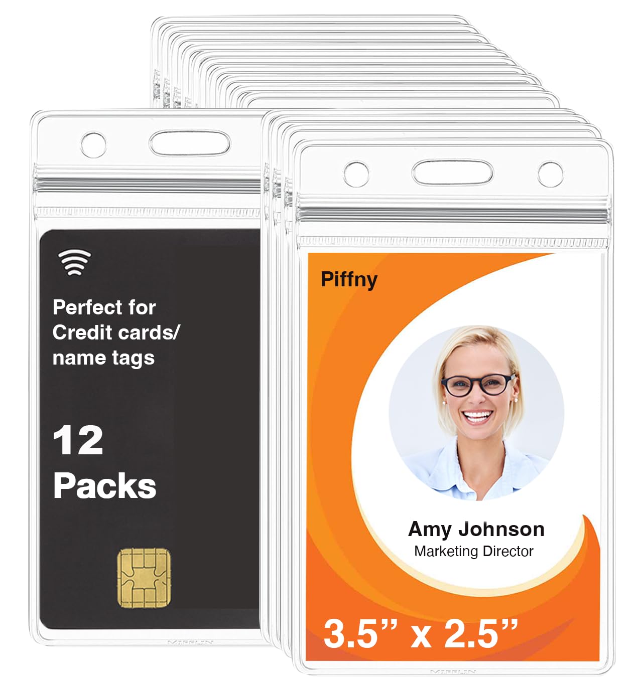 Piffny Vertical ID Name Badge Holder, Clear Plastic Nametag ID Card Holder, Resealable, Waterproof - Business, School, Events Favors (2.25 x 3.5 Vertical 12 Pack) โ image 1