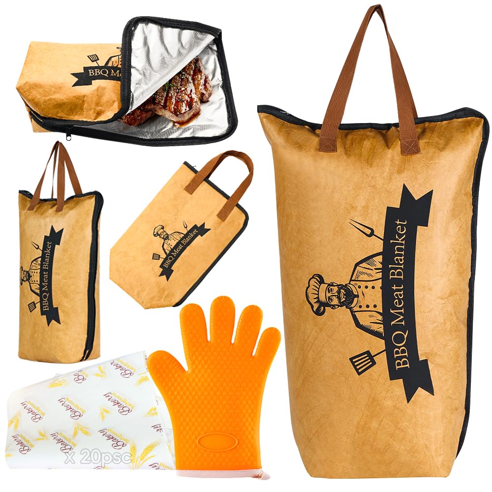 BBQ Meat Resting Bag Brisket Blanket，Heat Resistant Gloves Butcher Paper Combo, 21-Inch Waterproof Resting Bag, Reusable Smoker Grill Accessories