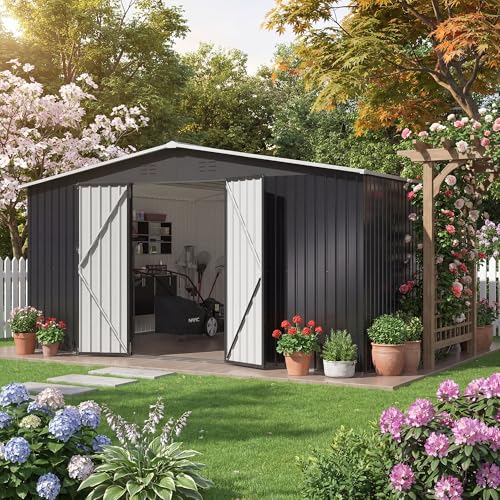 Image of AirWire 12x14 FT Storage Shed, Garden Shed with Lockable Doors and Updated Frame Structure, Metal Tool Sheds for Backyard Garden Patio Lawn, Black