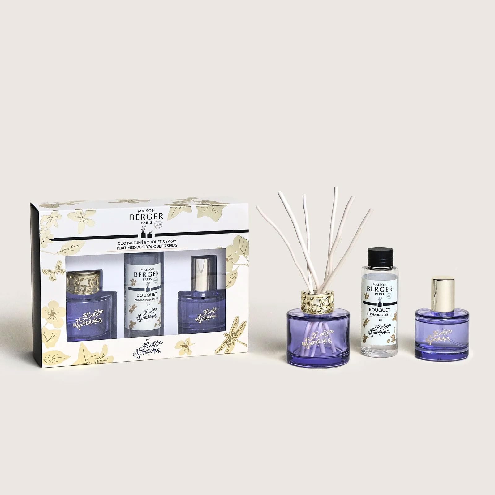 MAISON BERGER Duo Mini Bouquet & Spray d'Intérieur, Verre Laqué, 90ml & 50ml, Durée de Diffusion 3 semaines, 450 a 550 pulvérisations (Lolita Lempicka Parme)