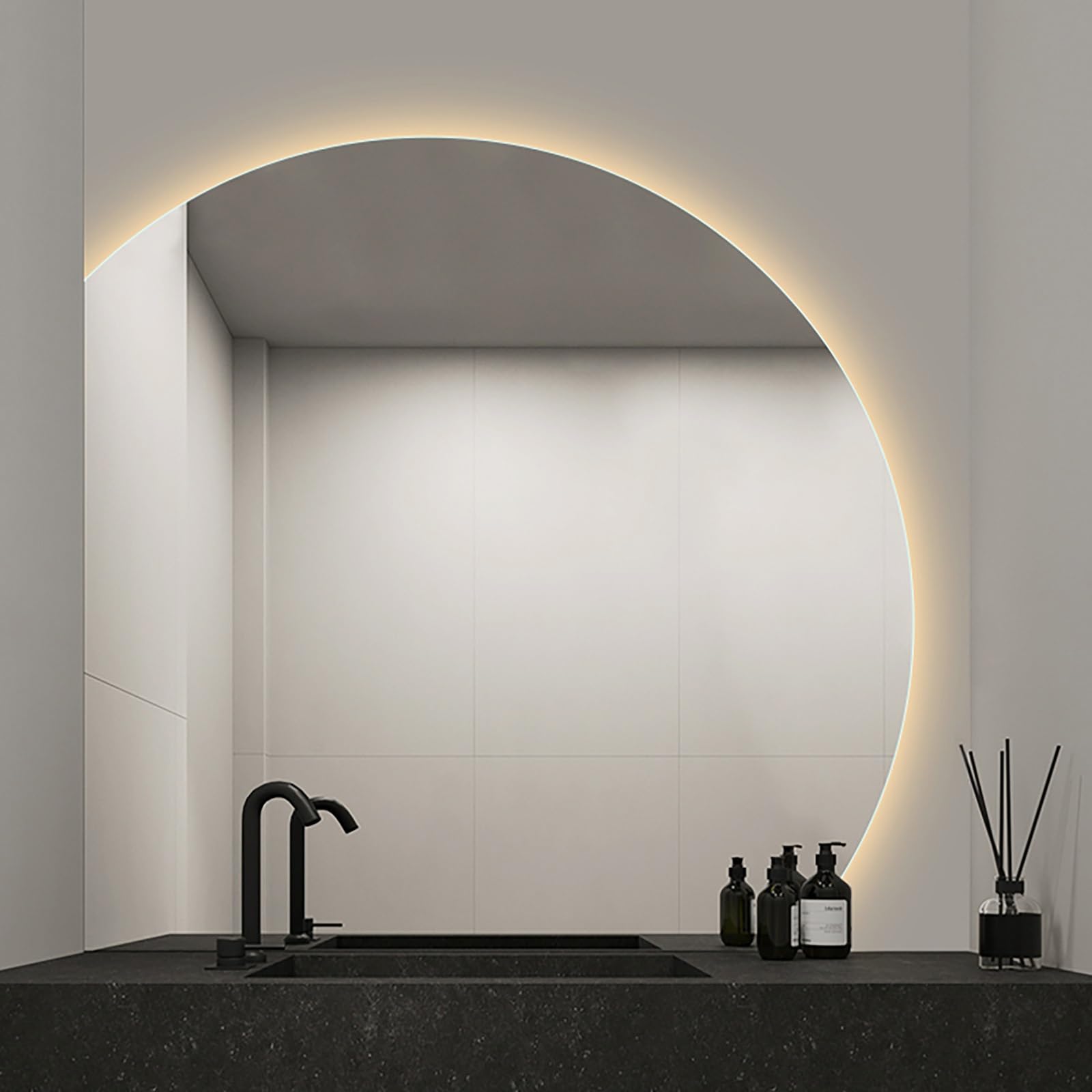 SXFSDOU 28" 32" 36" 40" Half Moon Backlit Lighted Vanity Mirror for Bathroom, Anti-Fog, 3 Colors, Dimmable Brightness Smart Light Up Bathroom Mirror(Left Under Cut,32inch/80cm)