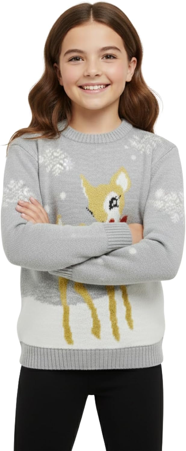 New Kids Girls Christmas Baby Deer Bambi Novelty Xmas Knitted Jumper Sweater Top