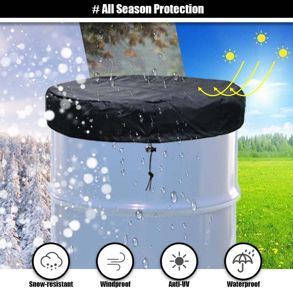 55 Gallon Drum Lid Cover 4 Pack Water Rain Barrel Trash Can Cover with Adjustable Drawstring Waterproof Dustproof Cover for All Weather Protection (4)