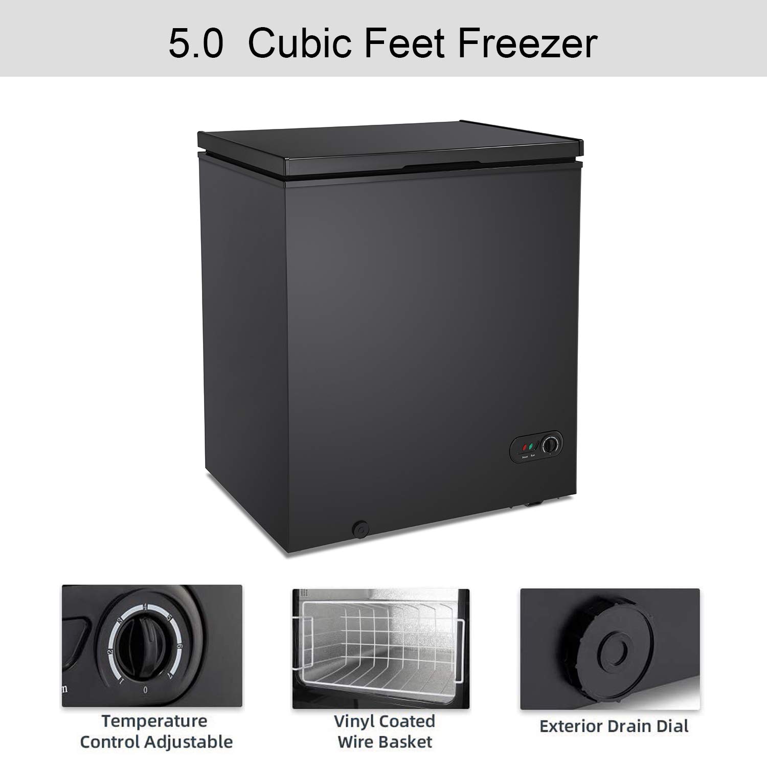 R.W.Flame Chest Freezer, Deep Freezer 5.0 Cu.Ft. W/Removable Basket, Adjustable Temperature, Energy Saving, Top Open Door Compact Freezer, Black on Fridge.com - View 5