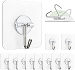 Pack of 10 Self Adhesive Wall Hooks Heavy Duty Transparent, No Drill Waterproof Sticky Hooks for Bathroom Kitchen, Strong Stainless Steel Wall Hangers for Towels, Keys