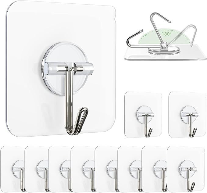 Pack of 10 Self Adhesive Wall Hooks Heavy Duty Transparent, No Drill Waterproof Sticky Hooks for Bathroom Kitchen, Strong Stainless Steel Wall Hangers for Towels, Keys