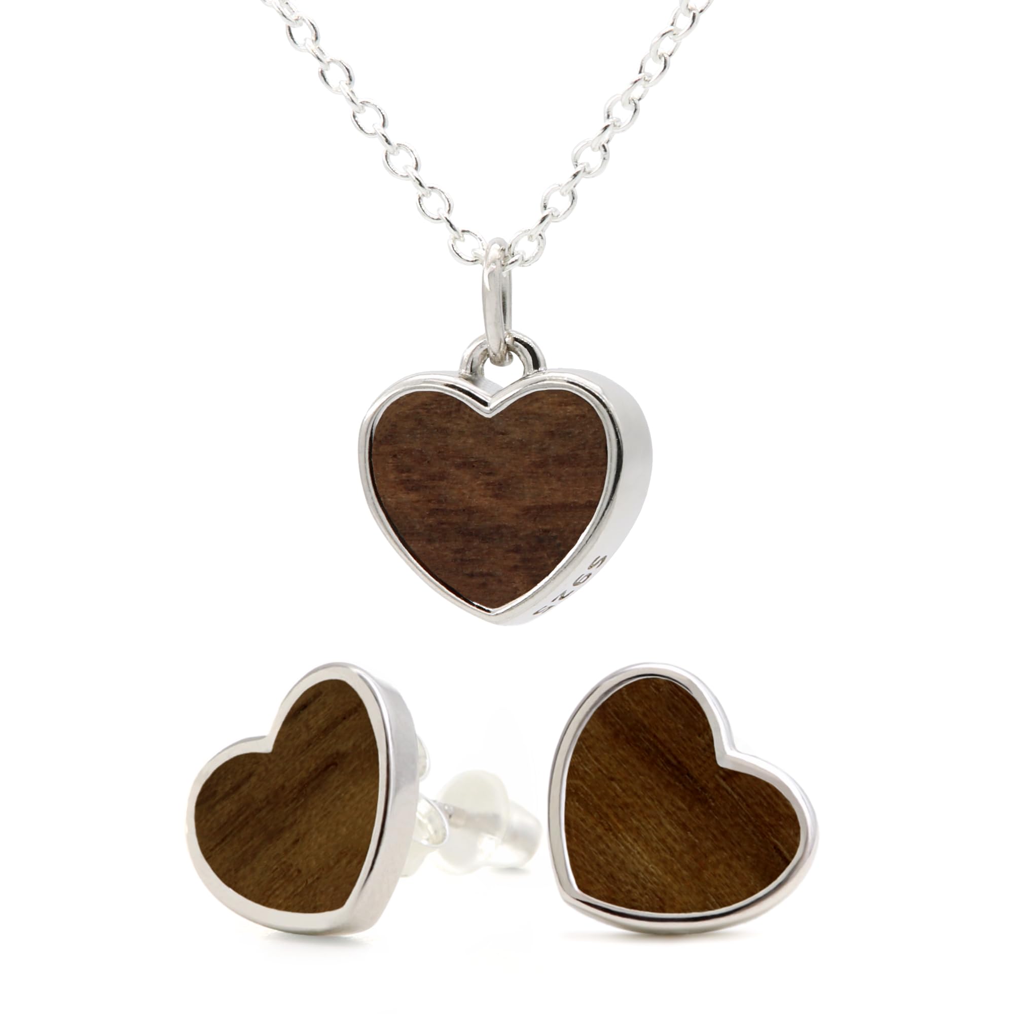 NaturSchatulle Holzschmuck Set Ohrringe Halskette Herz 9mm Damen Holzohrringe 925 Silber Nussbaum Holz Ohrstecker Schmuck