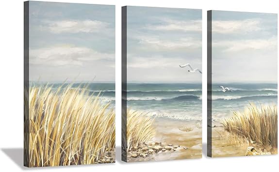 Coastal Canvas Wall Art, Beach Grass Picture, 20x34 Inches, Set of 3