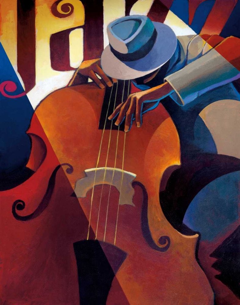 TELA-FRAMED-with-AMERICAN-BOX Straight Ahead Mallett Keith - Stampa artistica verticale figurativa Marrone Grigio Giallo Jazz Bass Music Cornice galleggiante 19_X_14_in
