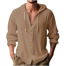 Mens Fashion Hoodies & Sweatshirts Drawstring Casual Long Sleeve Cotton Linen Shirts Fashion Button Down Hoodies