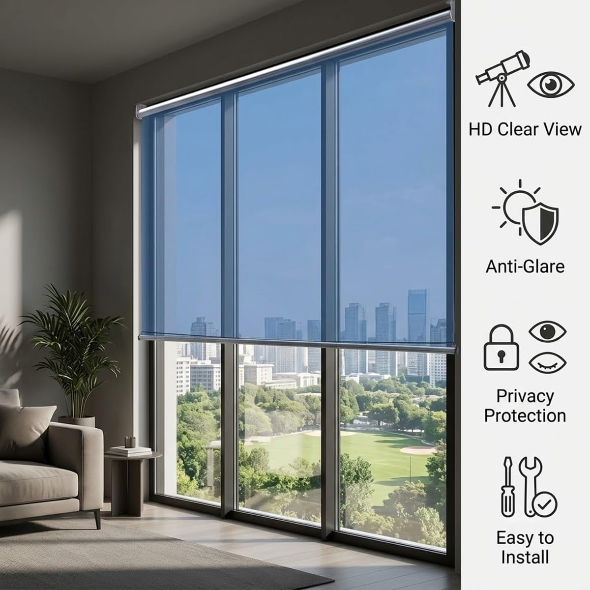 Store Enrouleur Anti Chaleur sans Perçage, Store Occultant Thermique pour Fenêtre Balcon, Protection Solaire Intimité de Jour, Rideau Miroir sans Tain sans Cordon(Bleu,W90xH150cm)