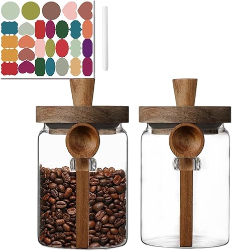 ANSQU Juego de 2 tarros de vidrio para almacenamiento de alimentos con tapa de madera de bambú y cuchara, recipientes de cocina de vidrio de 20.3