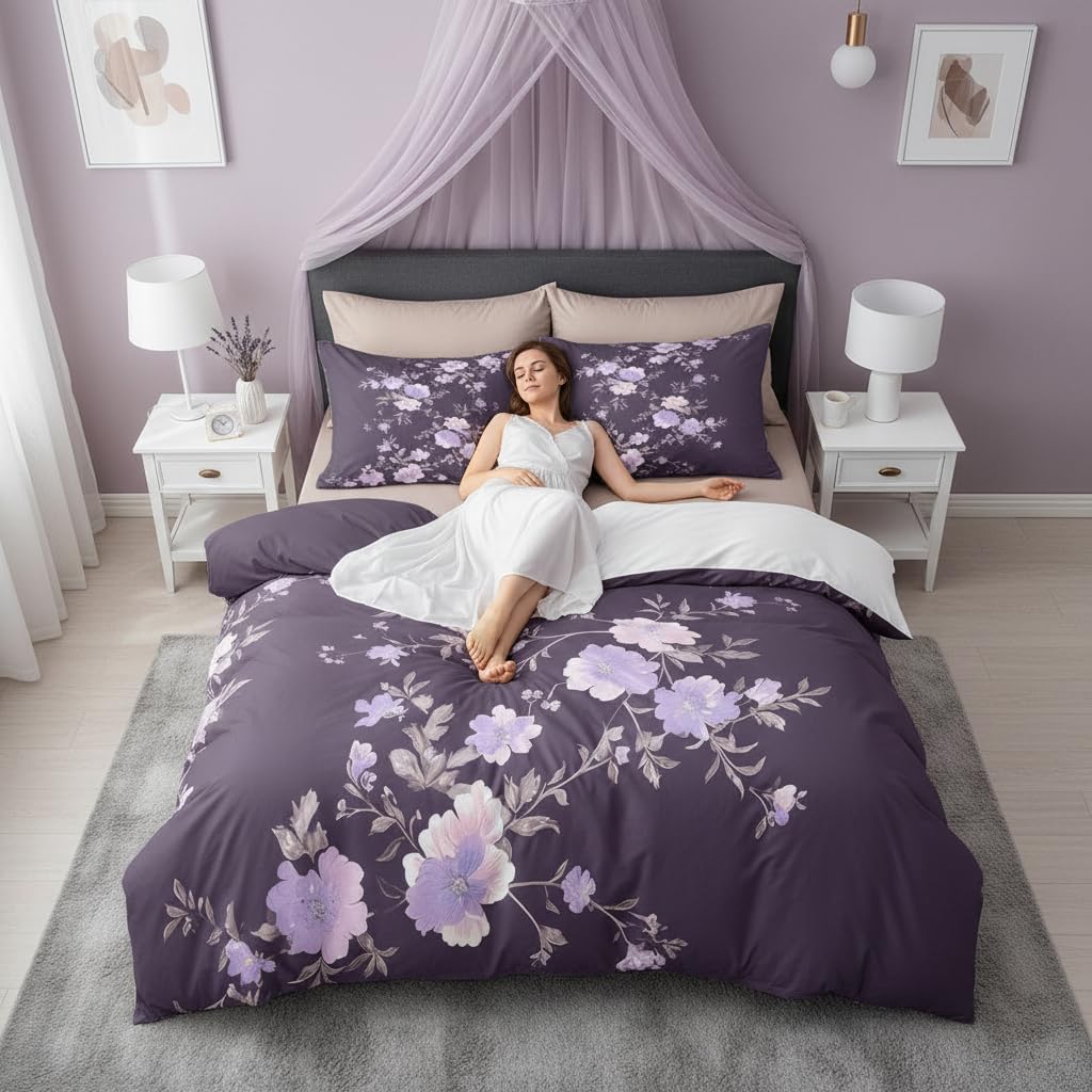 Purple Floral Duvet Cover,Kids Plants and Flowers Bedding Set,Botanical Floral Comforter Cover for Boys Girls Room Decor,Purple Lightweight Bedspread Cover Twin Size with 1 Pillow Case(No Comforter)