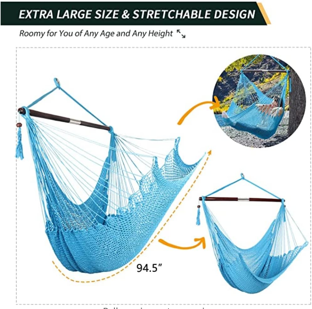 Hammock Chair Swing with Folded Spreader Bar, Upgraded Skin Breathable Caribbean Hanging Chair, Large 330 Pound Capacity, Portable for Indoor Outdoor Use, Light Brown (Blue CF)