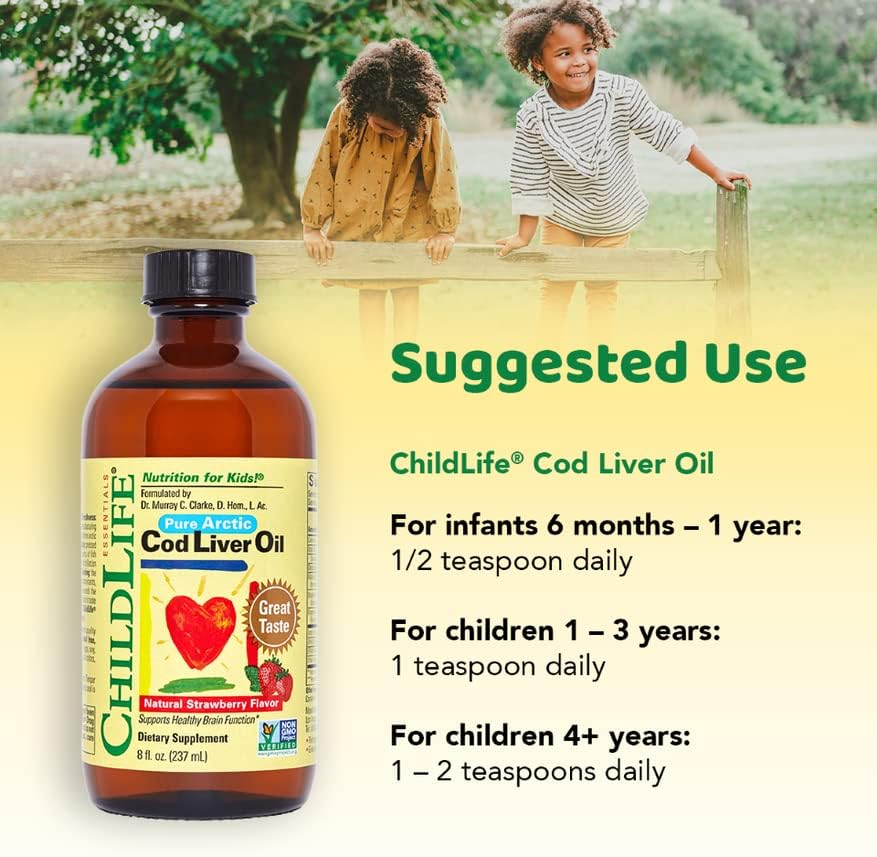 ChildLife Essentials Pure Arctic Cod Liver Oil, Natural Strawberry Flavor - Supports Healthy Brain Function - Gluten Free, Alcohol Free, Casein Free, Non-GMO - 8 fl. oz