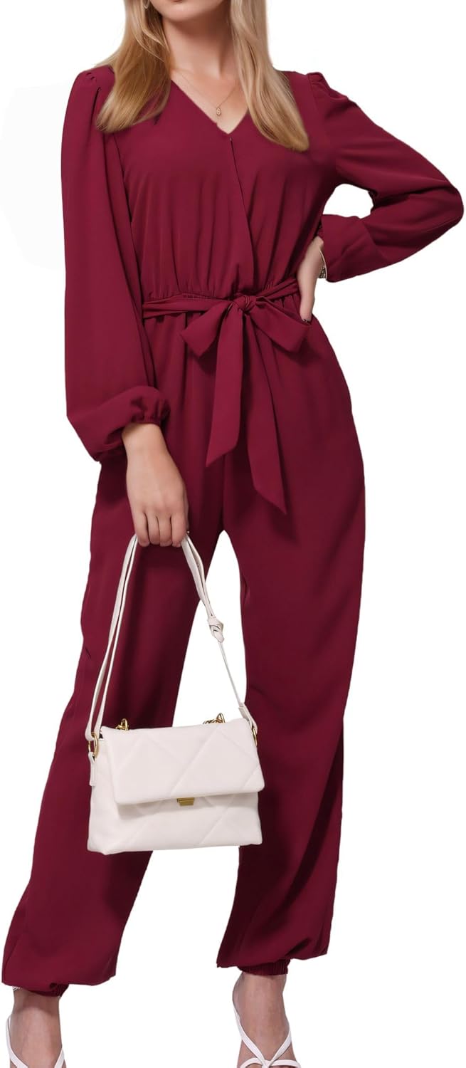 Womens Elegant Long Sleeve Jumpsuits Dressy Rompers V Neck Belt with Pockets Casual One Piece Outfits Large Wine Red
