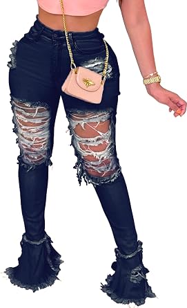 BestGirl Womens Bell Bottom Jeans Destoryed Ripped Flare Jeans Elastic Waist Raw Hem Denim Pants