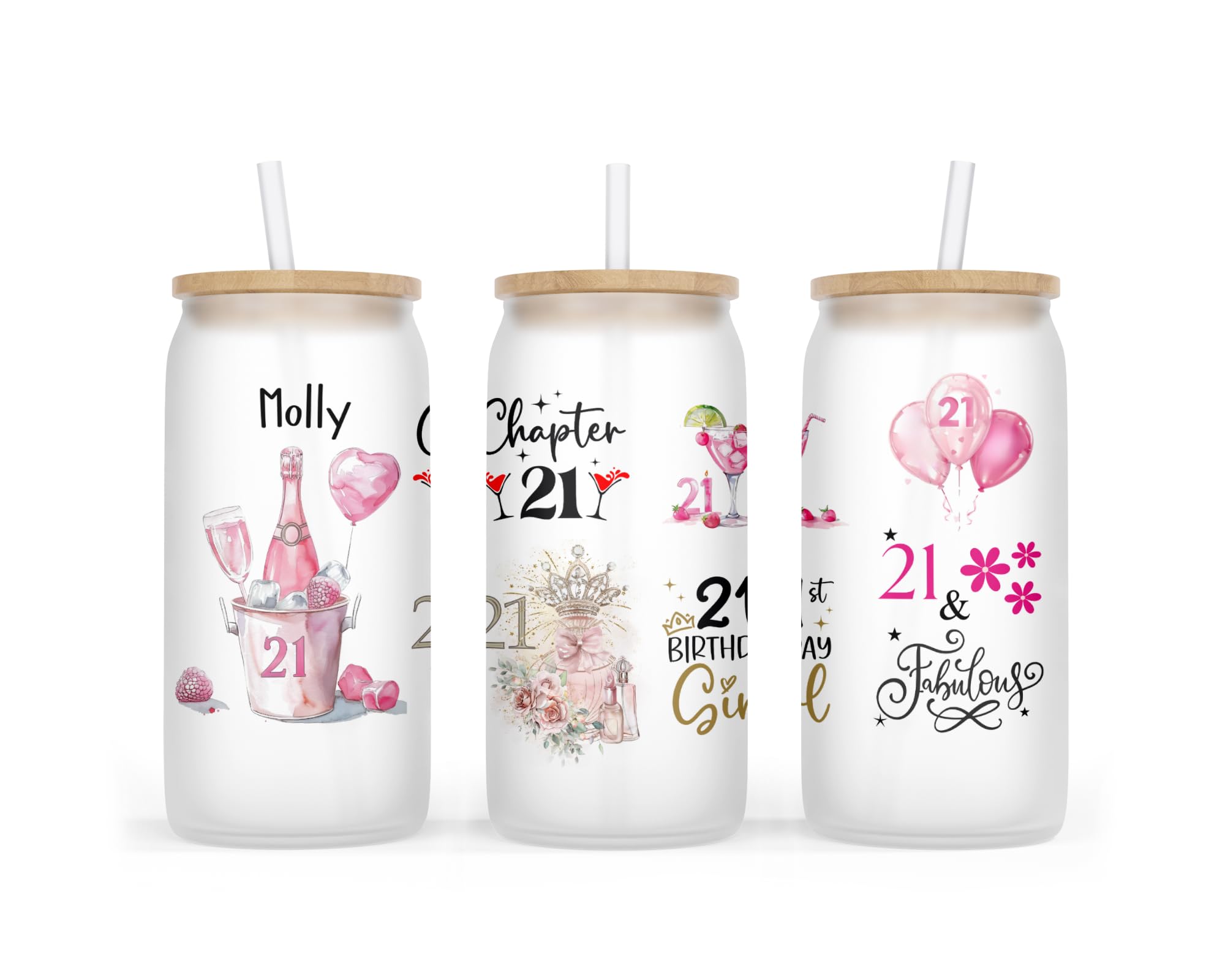 21st Birthday Gift for Her - Personalised Frosted Glass Tumbler with Lid and Straw, 500ml, Age 21 Birthday Milestone Design Gift for Girls Daughter (21st Pink)