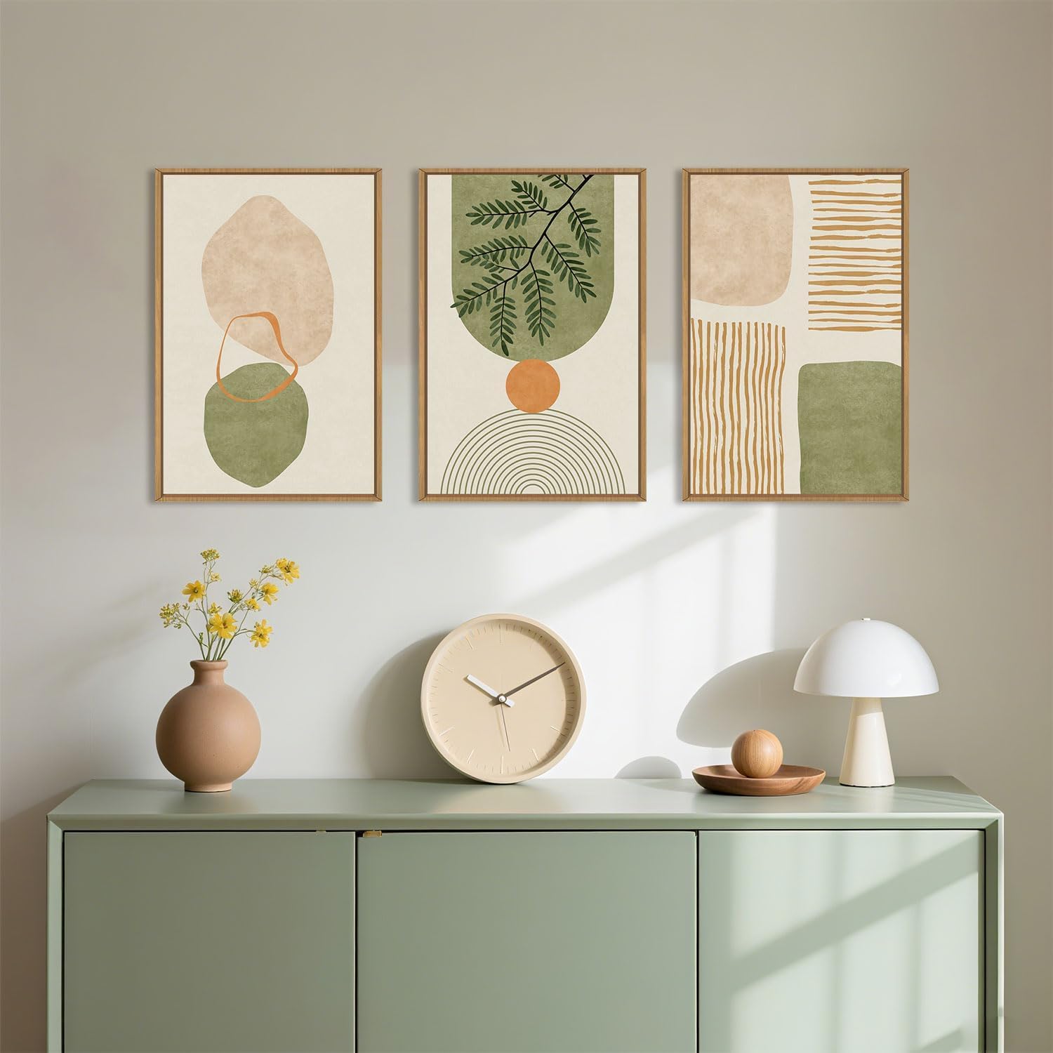 CHDITB 3 Stück Boho Wandkunst Weichgrünes Gerahmtes Leinwanddrucke Wandkunst Set Abstrakte Botanische Moderne Leinwand Wanddekoration Minimalistisches Bilder Grün Wandkunst Wohnzimmer