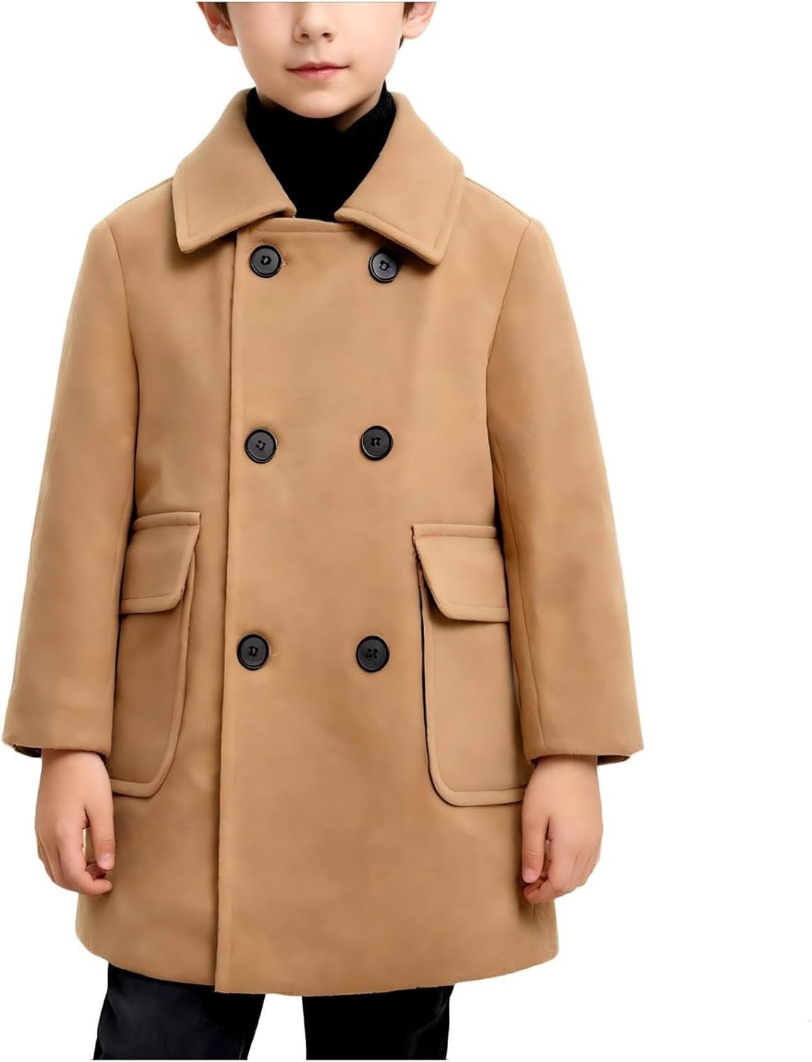 Boys Winter Trench Coat Kids Double Breasted Wool Dress Coat Quilted Warm Windbreaker Overcoat with Pockets