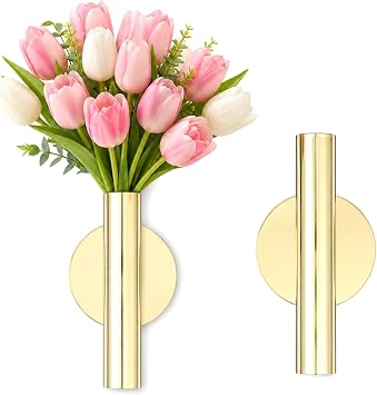 Gold Wall Vase for Flowers, Plant Metal Wall Mounted Vase Hanging Vases for Modern Home Decor Display Dried Faux Flower Fake Flower for Porch Home Office