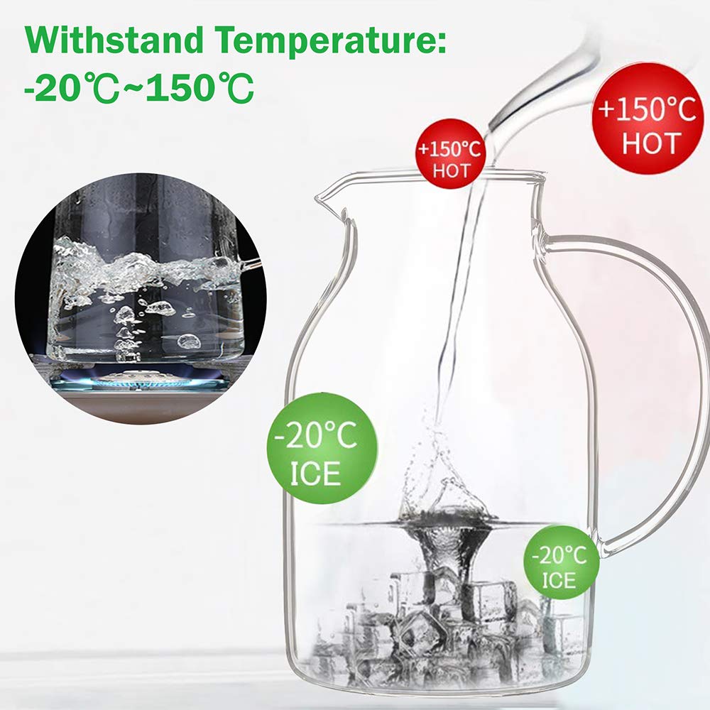 Glaskrug mit Deckel und Ausguss, hohe Hitzebeständigkeit, für heißes/kaltes Wasser und Eistee, 2 l
