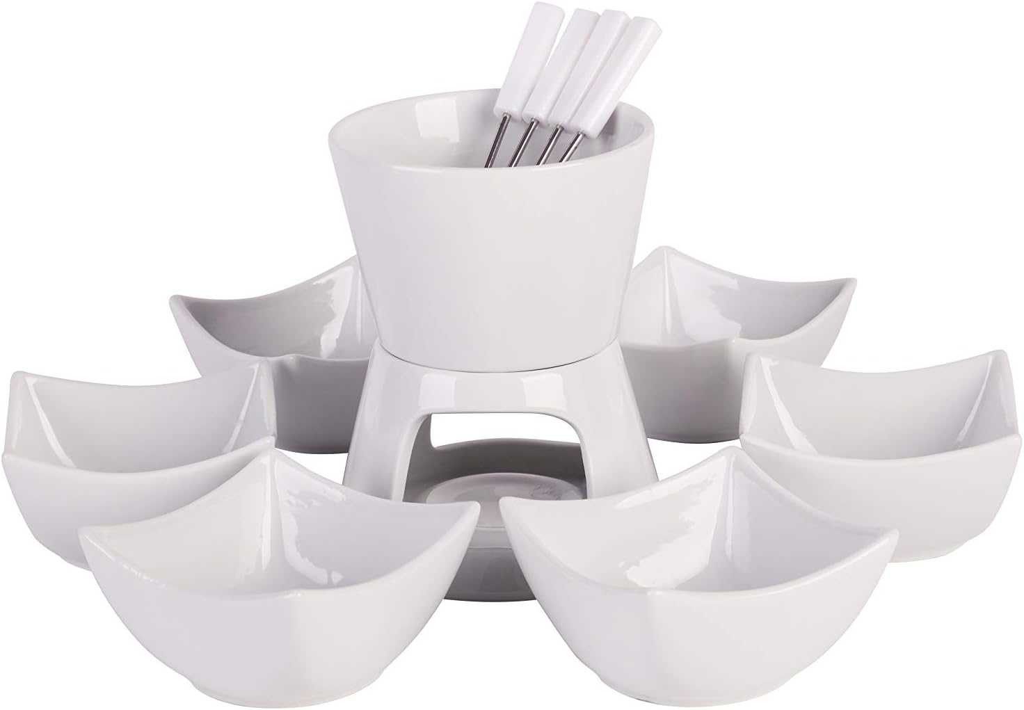 HengTianCheng Ceramic Double Layer Fondue Set,Snack Bowl for 6 and Forks for 4, Chocolate Fondue,Cheese Fondue or Butter Fondue Set,White (12-Piece)