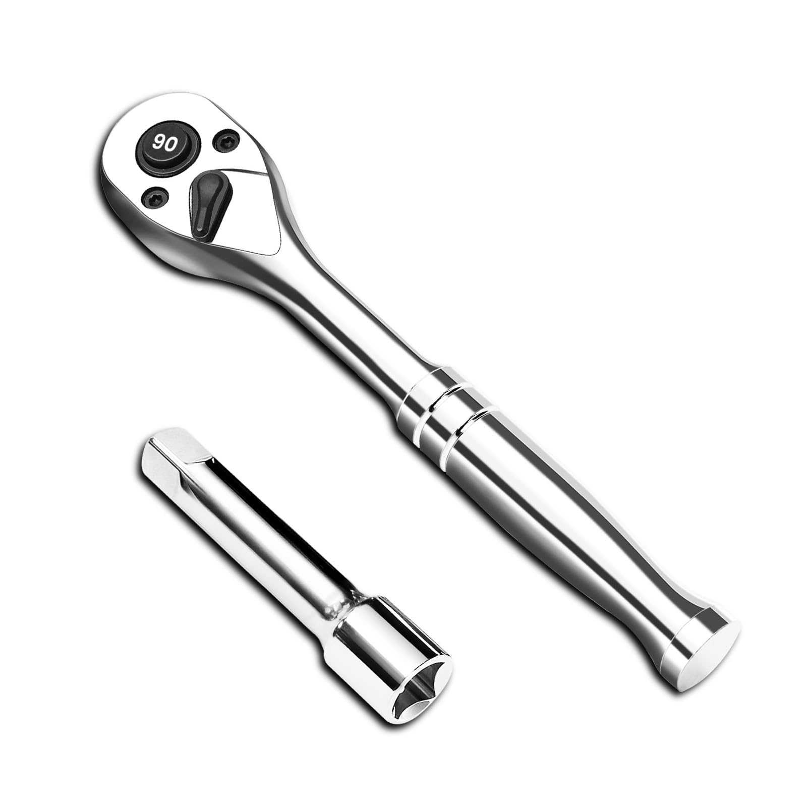 1/4-Inch Drive Ratchet Wrench, 90-Tooth Quick-release Reversible Ratchet Wrench with an Extension Bar(2 inch), 5" Long Socket wrench, 4-Degree Swing,