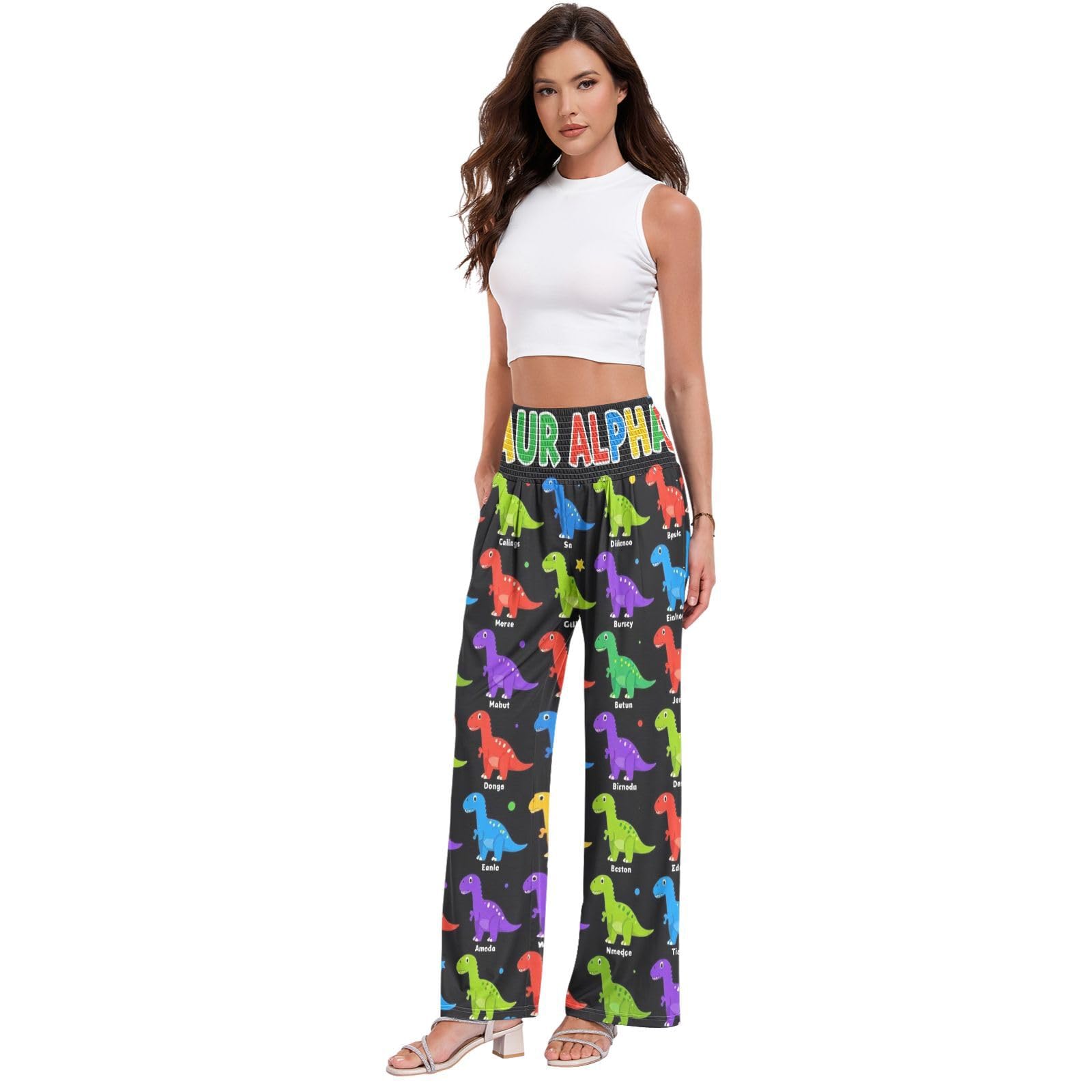Alphabet Dino - Pantalones de pierna ancha para mujer, ligeros, elásticos, informales, ropa de descanso