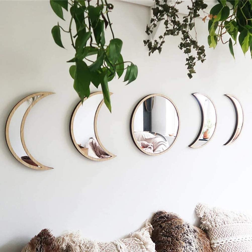 5 pcs Natural Decor Acrylic Moonphase Mirrors Home Interior Design Wooden Moon Phase Mirror Bohemian Wall Decoration