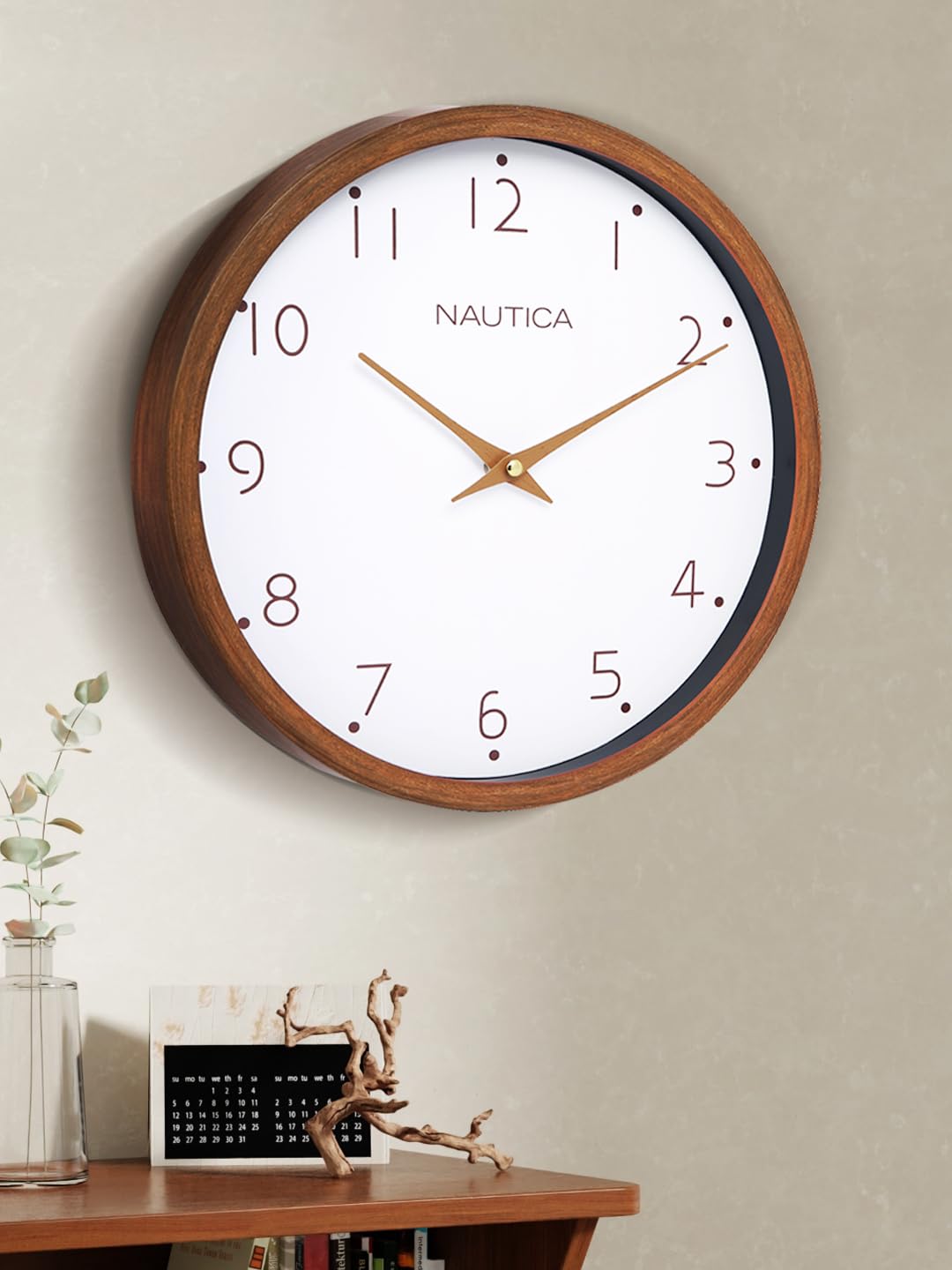 Nautica Luxury Wooden Finish Modern Wall Clock with Quartz Silent Sweep Technology -1pc Size (Woodgrain) | 12 inch | Ideal for Home, Living Room, Bedroom & Office Wood Grain Rim-Teak/White