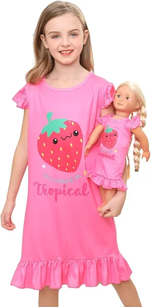 Bow Dream Girl Dress Cute and Matching American Girl Doll Clothes Accessories for Girls Dresses Set Hot Pink Strawberry