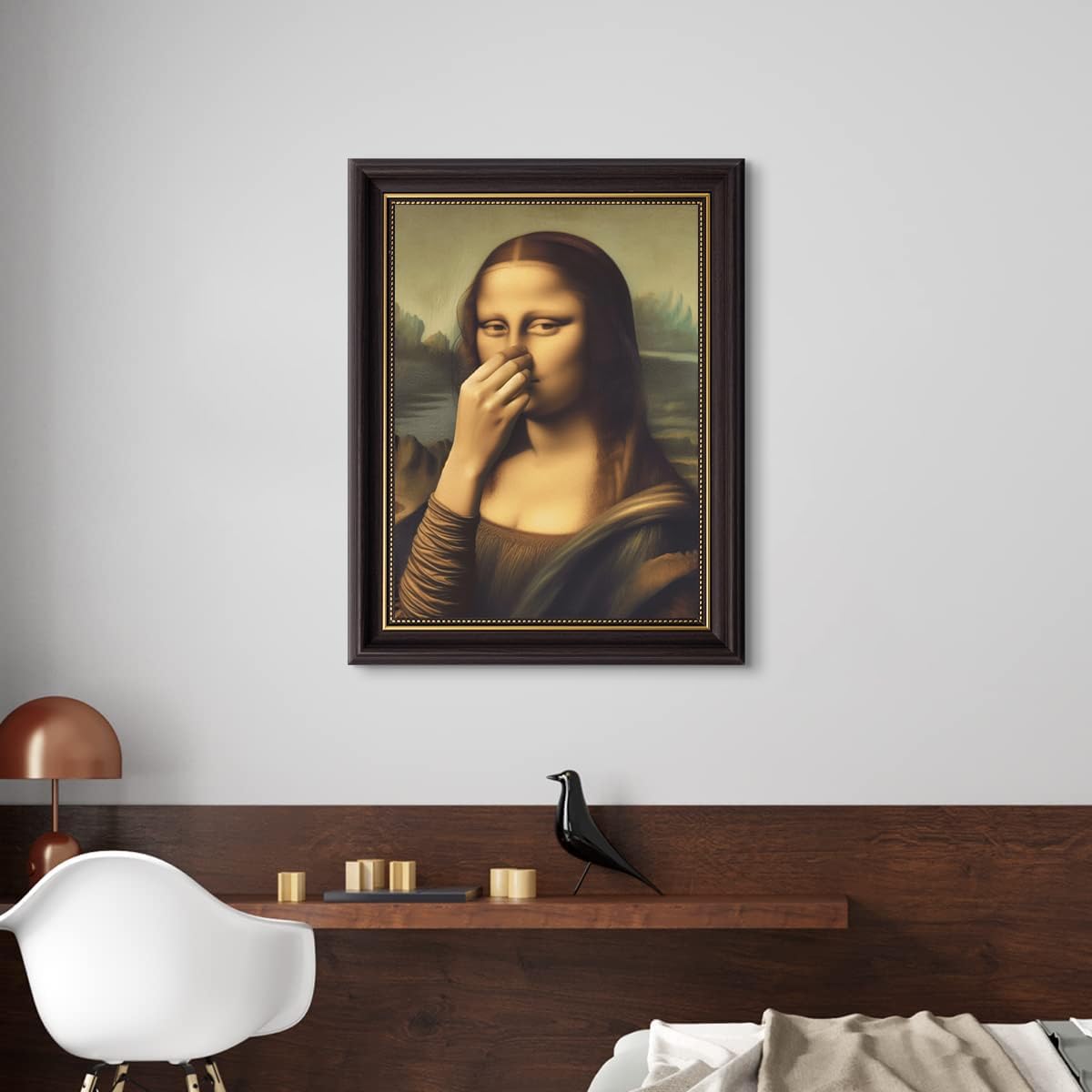 Vintage American Dark Brown Frame Mona Lisa Canvas Wall Art Funny Bathroom Mona Lisa Painting Pictures Wall Decor Humor Amusing Toilet Art Pinching Nose Poster Prints Artwork for ​Toilet Decor 16x24in