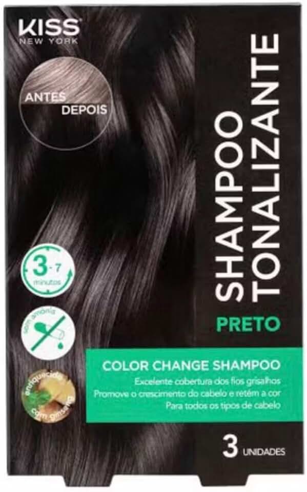 Shampoo Tonalizante Kiss New York para Cabelo Preto, 3 Unidadesde x 30ml, Cobertura de Fios Grisalhos, Coloração Sem Amônia