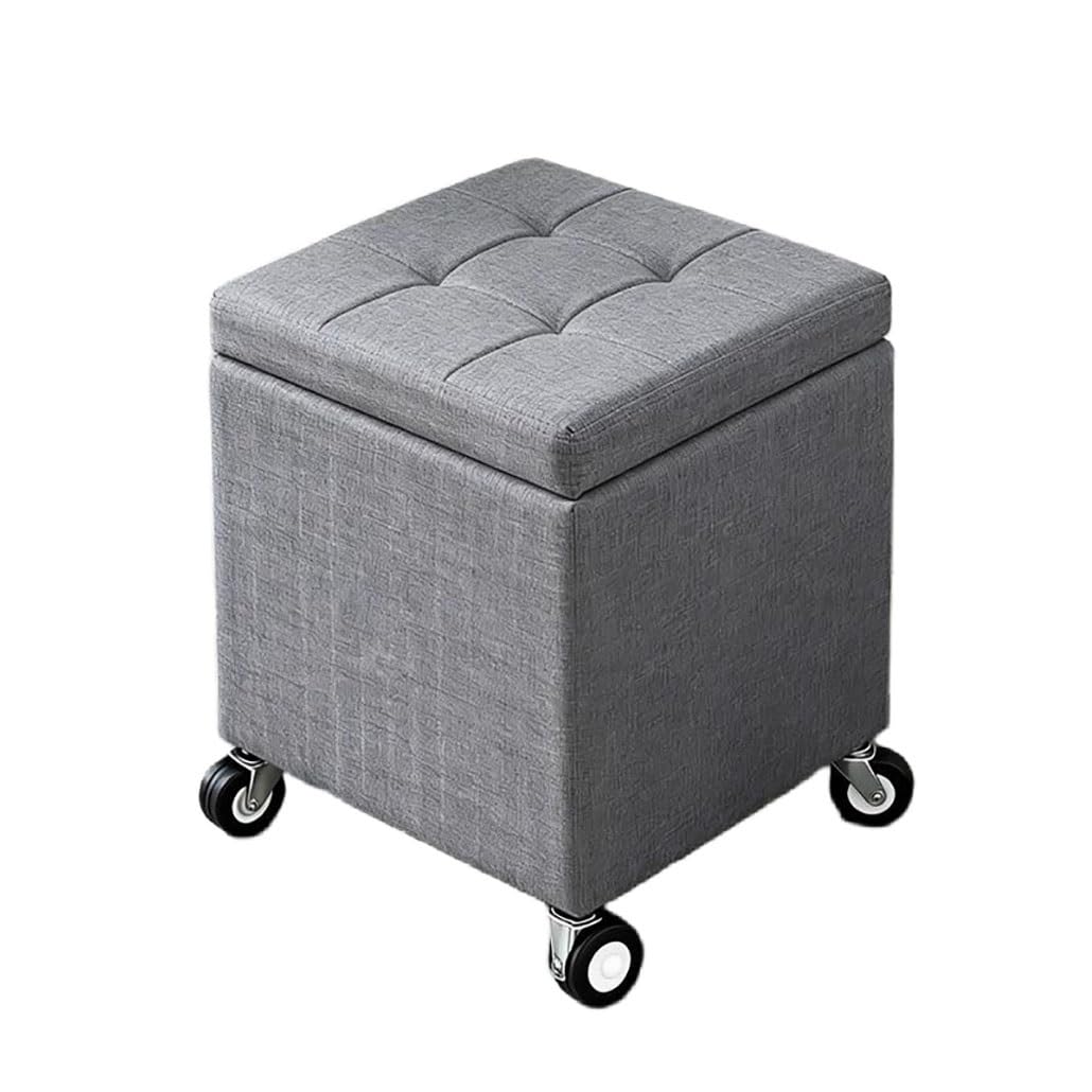 Bout de lit cubique gris avec rangement et roulettes en tissu noble coton et lin de qualité
