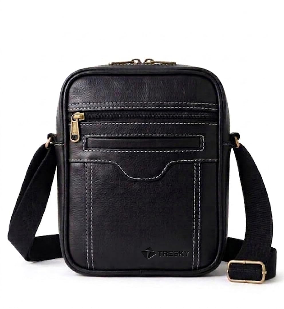tresky Men's PU Leather Crossbody Messenger Bag, Black, Adjustable Shoulder Strap, Medium, Casual Vintage Style-picture-54