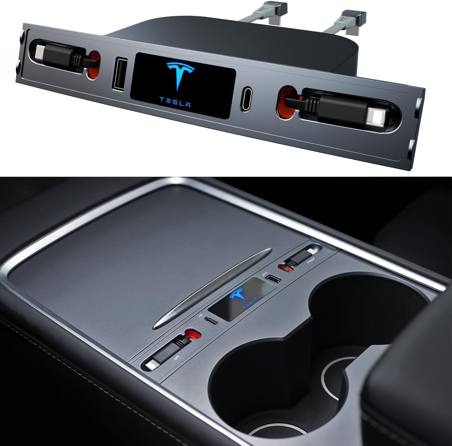 Multi-Port Car USB Charger for Tesla Model 3/Y (2023-2021) Tesla USB Hub with Retractable Charging Cable Tesla Center Console Adapter, Model 3/Y Accessories, Tesla Accessories