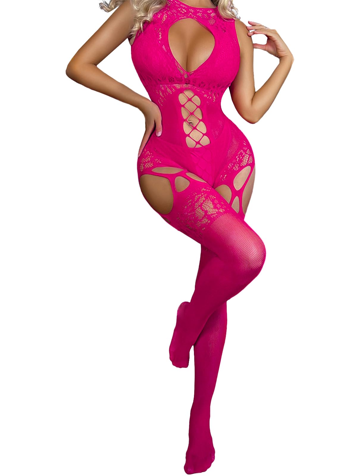Buitifo Damen Fischernetz Bodystocking Nachtwäsche Sexy Catsuit Unterwäsche Frau Hohl Reizwäsche Strumpfhose Dessous(rosarot xdd,Einheitsgröße)