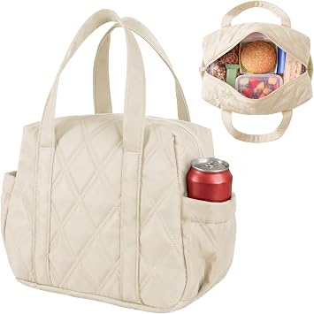 Quilted Puffer Lunch Bag for Women, Insulated Lunch Tote with Foil Lining, Leak-Resistant Reusable Lunch Cooler Bag, Roomy Soft Lunch Box for Work, School, Picnic and Travel Off White