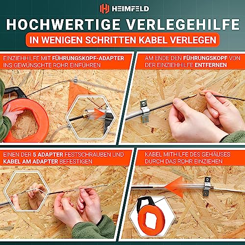 HEIMFELD® Kabeleinziehhilfe 30M - Hochwertige Einziehspirale inkl. 6 Adapter - Zugdraht für Leerrohre mit bruchsicherem Kabel [4mm] - Einziehfeder mit verbesserter Version [2024] - Einziehhilfe