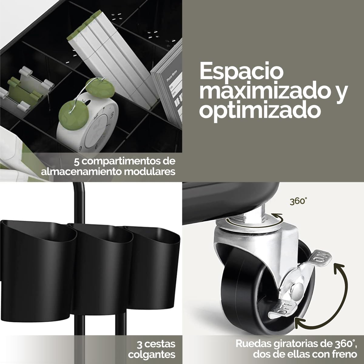 Vivezen - Carrito Auxiliar, Carrito de Almacenamiento con Ruedas y asa - 3 estantes