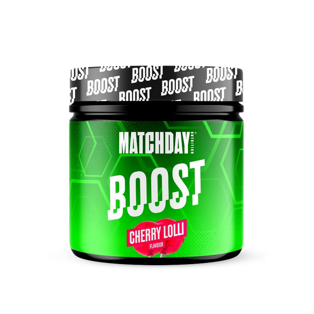 MATCHDAY NUTRITION | BOOST | 90 Minuten Vollgas Fußball | ATP Booster mit Aminosäuren und Kohlenhydraten | Mehr Schnellkraft, Explosivität & Ausdauer | 20 Portionen (Cherry Lollipop)