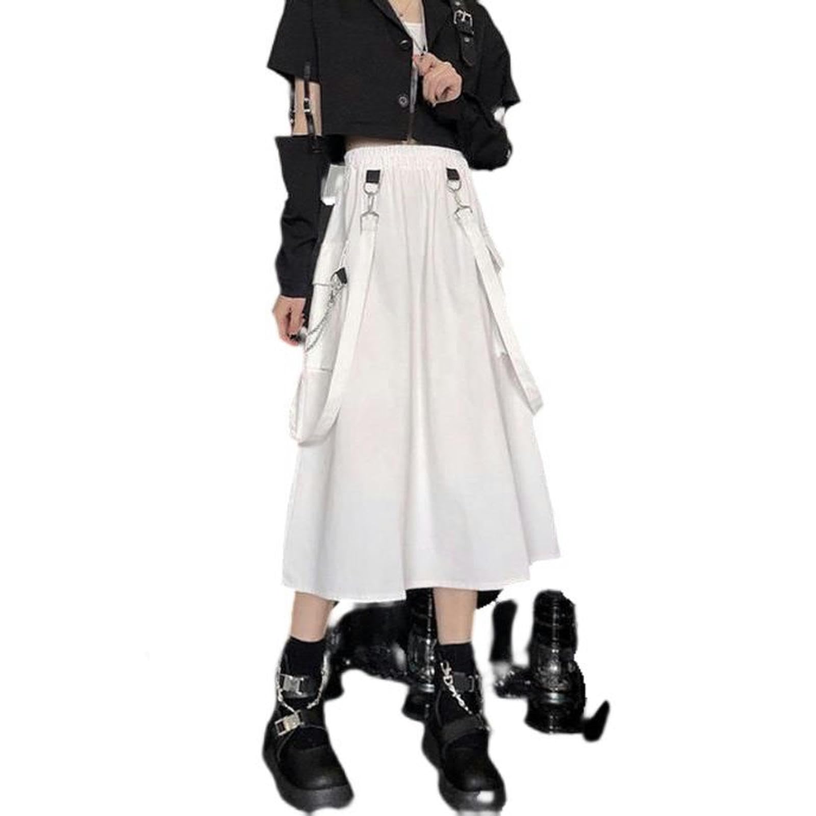 Falda de Verano para niñas, Estilo Harajuku, Falda Blanca, Negra (con Cadena) - XL