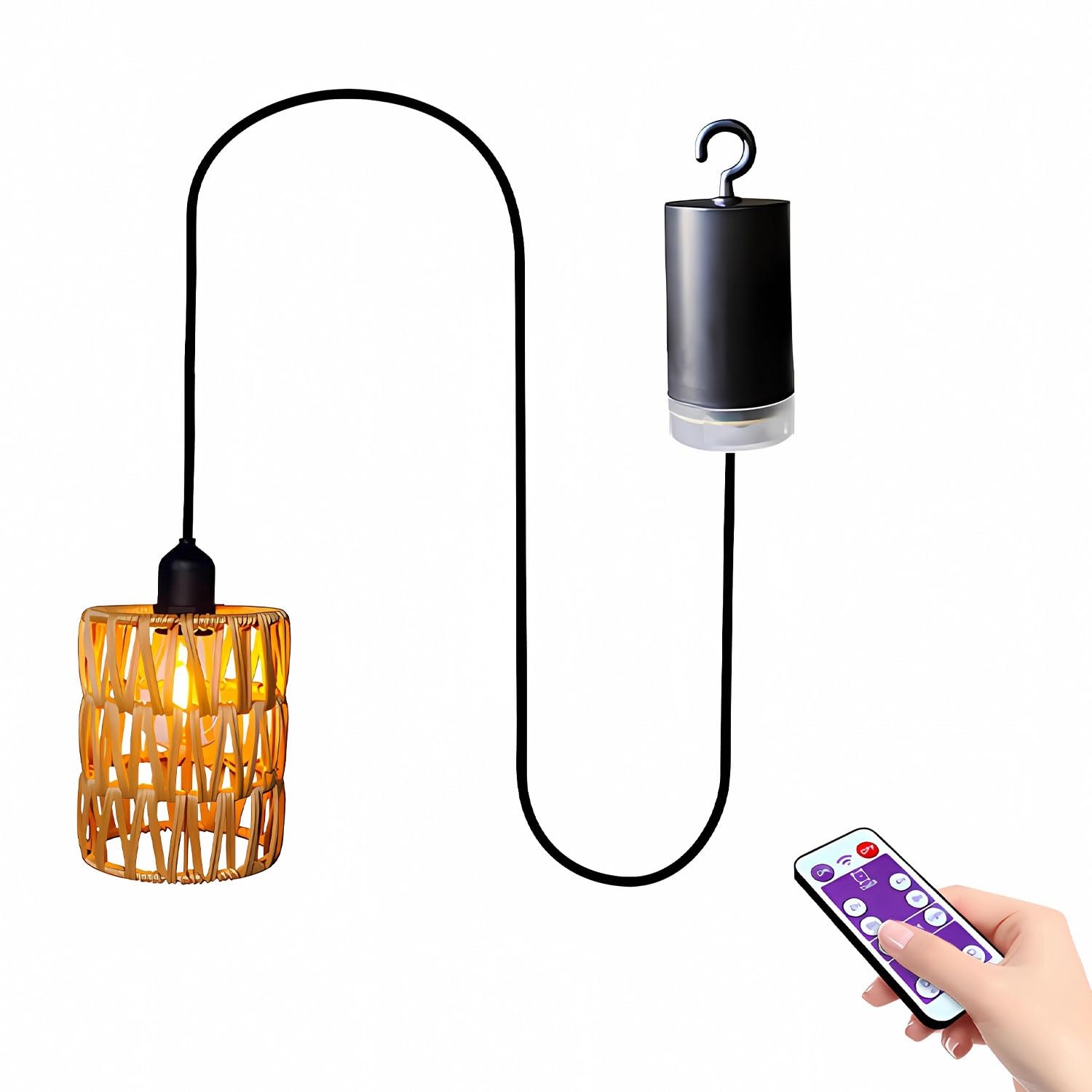 KXEcoLife Battery Operated Pendant Light with Remote-Battery Chandelier Handwoven Rattan, Hanging Light,for Porch Patio Backyard Indoor Kitchen, Powered by 4*AA Batteries(1Pack)