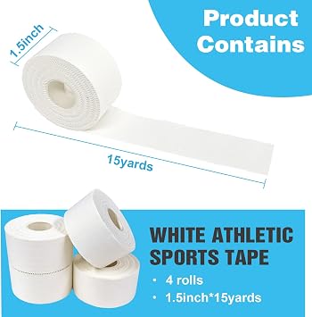 Athletic Tape Athletic & Medical Trainers & First Aid Tape for Injuries Wrist Ankle Finger Tape Easy to Tear & No Sticky Residue (White) (1.5in*15yd*4rolls)