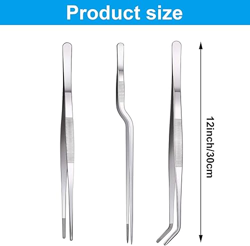 Miniatura 2 de Honoson 3 pinzas de cocina de 12 pulgadas, pinzas finas extra largas de acero inoxidable, pinzas de cocina para barbacoa, chapado y servir