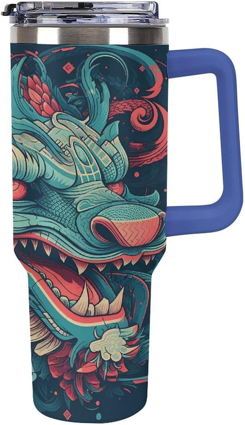 Cartoon Dragon Head Travel Coffee Mug Reusable Durable Stainless Steel Insulated Tumbler with Handle And Straw Leak Resistant Portable Thermal Cup Gifts for Men Women 40 Oz