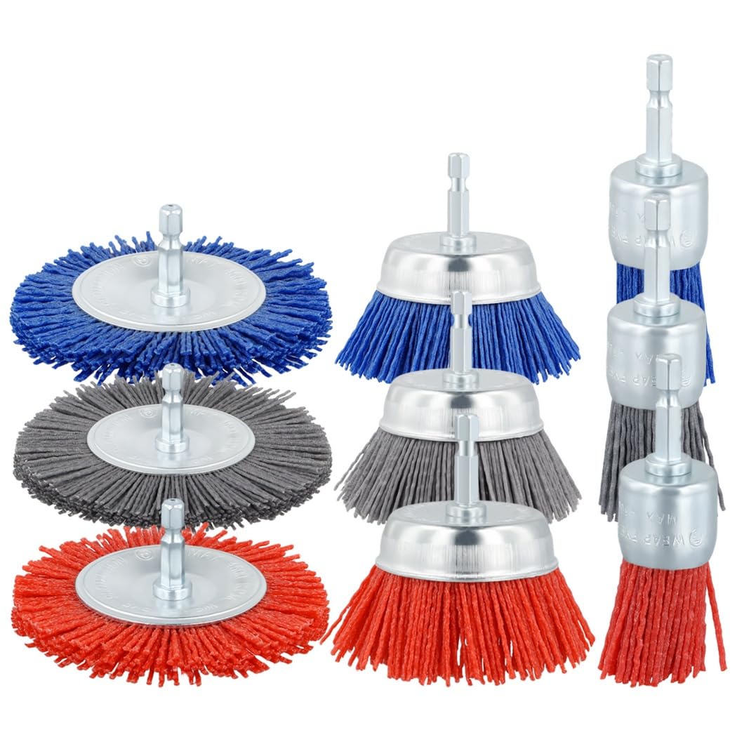 9 Pack Nylon Filament Wire Brush Wheels, Abrasive Drill Brush Set in 3 Sizes with 1/4 Shank for Removing Rust, Corrosion, and Paint, Grit Options of 80, 120, 240
