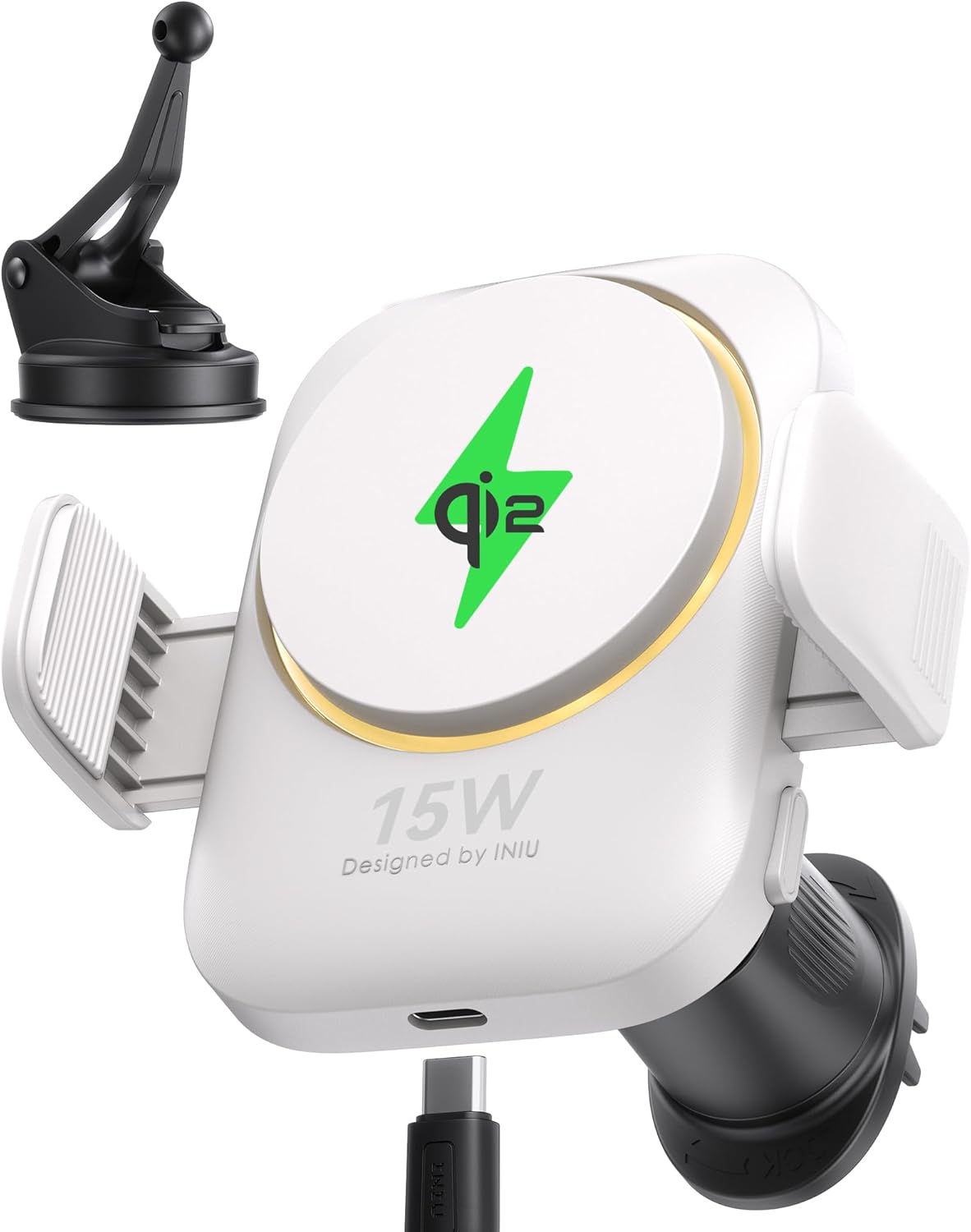 INIU Qi2 Certified 15W Car Phone Holder Wireless Charger, Ultra-Stable 22N for MagSafe Car Mount Charger with Cooling Fins & RGB Lighting Only for iPhone 16/15/14/13/12 Series, White