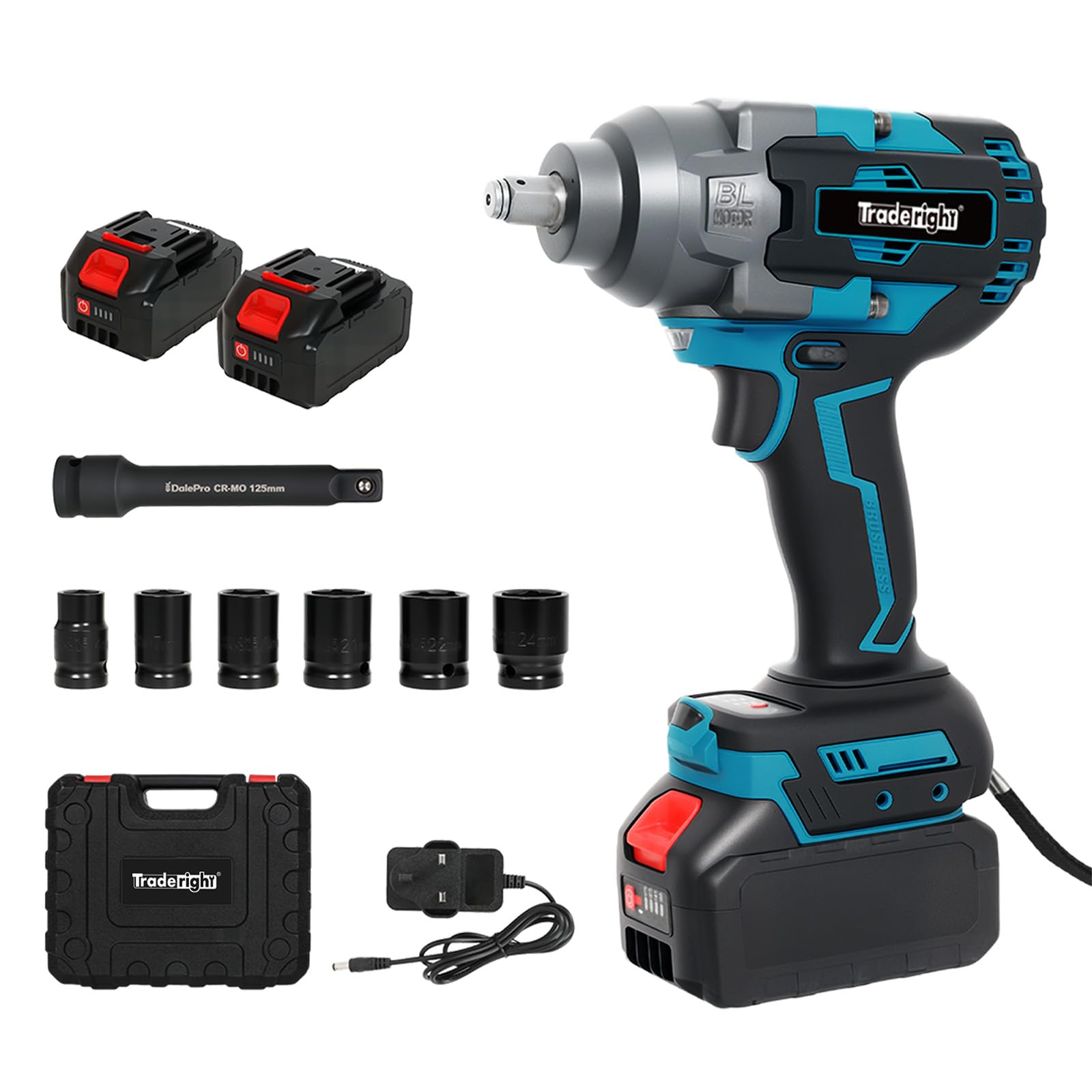 Traderight 21V Brushless Impact Wrench - 1200Nm - 2 Batteries - Black